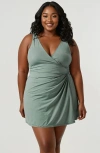 Calypsa Plus Size Alana Wrap-style Swim Dress With Hidden Bottoms And Adjustable Straps In Green