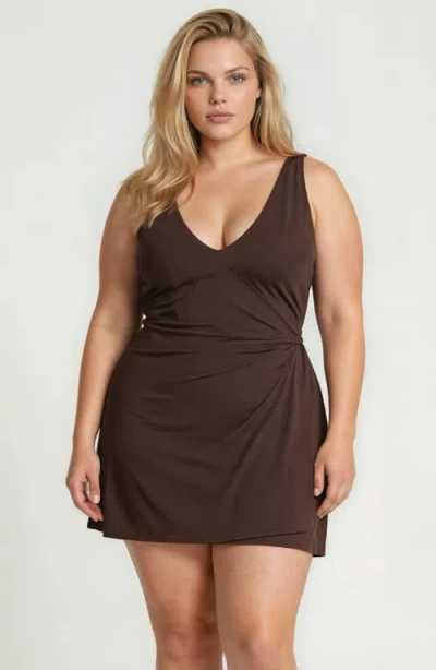 Calypsa Plus Size Alana Wrap-style Swim Dress With Hidden Bottoms And Adjustable Straps In Brown