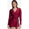 Calypsa Plus Size Avery 2-piece Long Sleeve Wrap Swim Set With Reversible Top And Tummy Control Shor In Gold