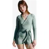 Calypsa Plus Size Avery 2-piece Long Sleeve Wrap Swim Set With Reversible Top And Tummy Control Shor In Green