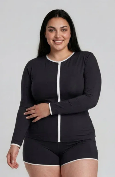 Calypsa Plus Size Full Zip Peyton Swim Top Two-toned Collection In Black & White