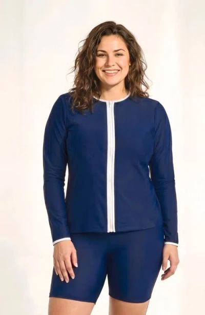 Calypsa Plus Size Full Zip Peyton Swim Top Two-toned Collection In Navy & White