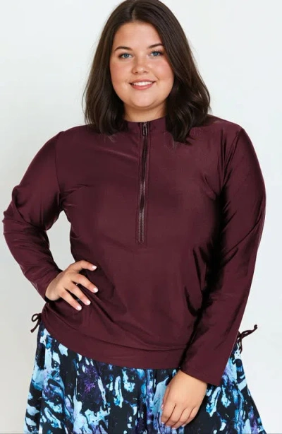 Calypsa Plus Size Half-zip Nora Swim Top In Burgundy