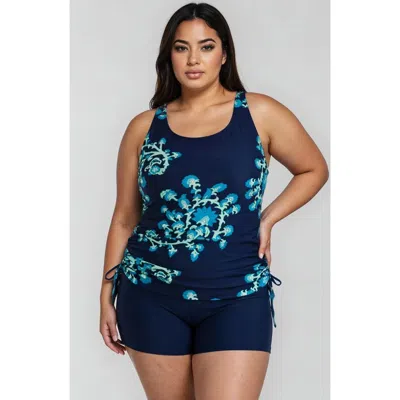 Calypsa Plus Size Maya Tankini Swim Top Removable Cups And Navy Swim Shorts Set In Blue