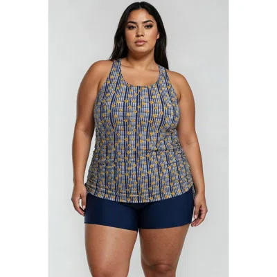 Calypsa Plus Size Maya Tankini Swim Top Removable Cups And Navy Swim Shorts Set In Multi