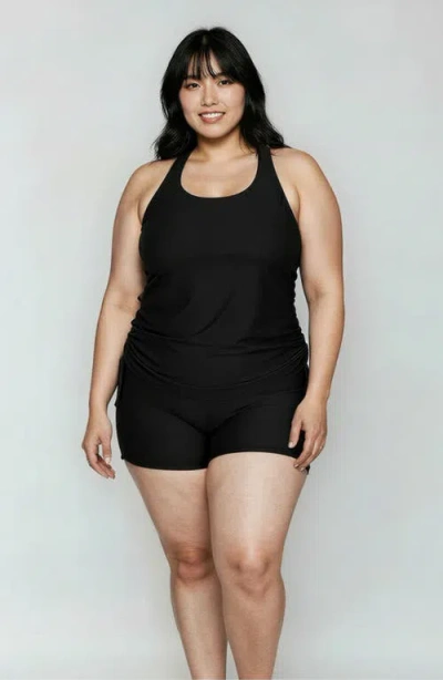 Calypsa Plus Size Maya Tankini Swim Top With Built-in Bra And Black Swim Shorts Set