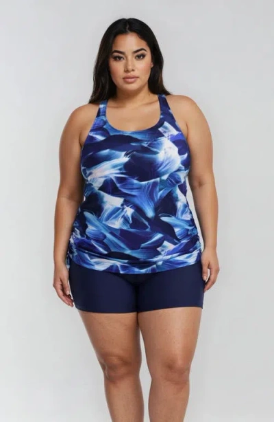 Calypsa Plus Size Maya Tankini Swim Top With Built-in Bra And Black Swim Shorts Set In Blue