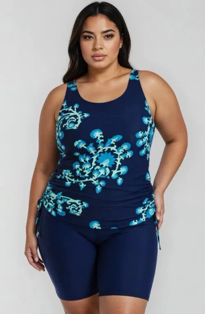 Calypsa Plus Size Maya Tankini Swim Top With Built-in Bra And High Waisted Long Bike Swim Shorts In Blue