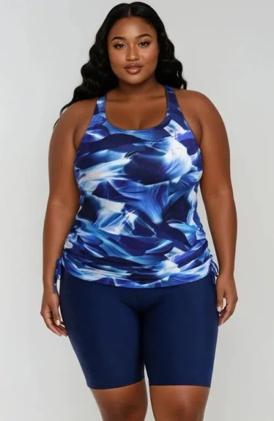 Calypsa Plus Size Maya Tankini Swim Top With Built-in Bra And High Waisted Long Bike Swim Shorts In Blue