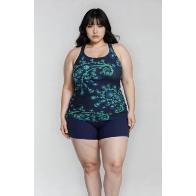 Calypsa Plus Size Maya Tankini Swim Top With Built-in Bra And Navy Swim Shorts Set In Blue