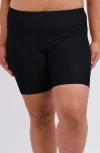 Calypsa Plus Size Mid-thigh Swim Shorts In Black