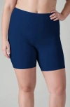 Calypsa Plus Size Mid-thigh Swim Shorts In Blue