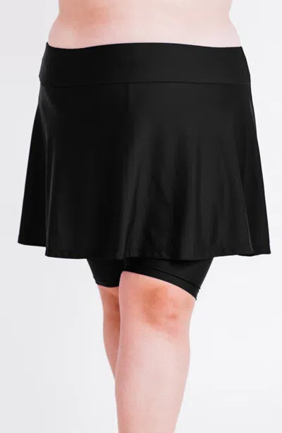 Calypsa Plus Size Midi Swim Skort With Bike Shorts In Black