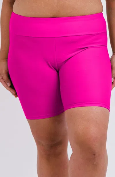 Calypsa Plus Size Mid-thigh Swim Shorts In Pink