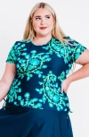 Calypsa Plus Size Short Sleeve Adele Swim Top In Blue