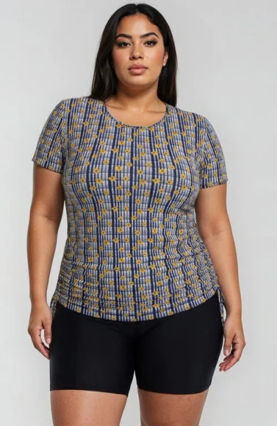 Calypsa Plus Size Short Sleeve Adele Swim Top And Black Mid-thigh Swim Shorts Set In Blue