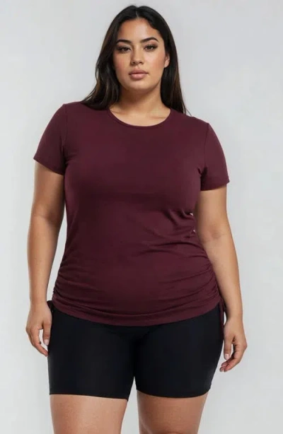 Calypsa Plus Size Short Sleeve Adele Swim Top And Black Mid-thigh Swim Shorts Set In Burgundy