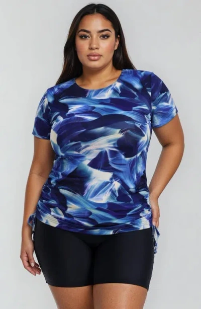 Calypsa Plus Size Short Sleeve Adele Swim Top And Black Mid-thigh Swim Shorts Set In Multi