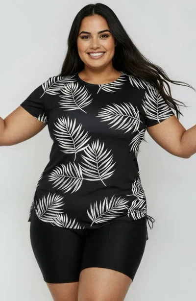 Calypsa Plus Size Short Sleeve Adele Swim Top And Black Mid-thigh Swim Shorts Set In Multi