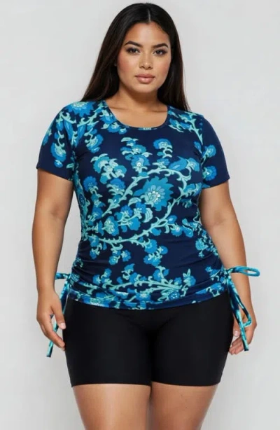 Calypsa Plus Size Short Sleeve Adele Swim Top And Black Mid-thigh Swim Shorts Set In Multi