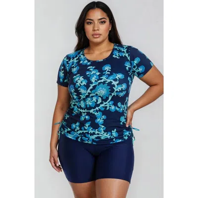 Calypsa Plus Size Short Sleeve Adele Swim Top And Navy Mid-thigh Swim Shorts Set In Blue