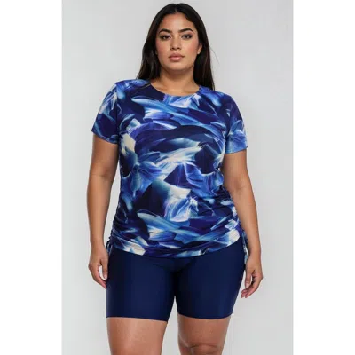 Calypsa Plus Size Short Sleeve Adele Swim Top And Navy Mid-thigh Swim Shorts Set In Blue