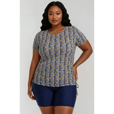 Calypsa Plus Size Short Sleeve Adele Swim Top And Navy Mid-thigh Swim Shorts Set In Blue