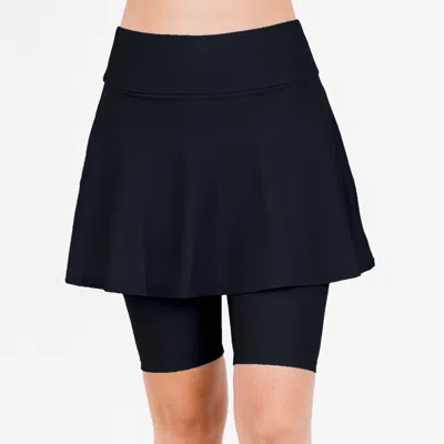 Calypsa Women's Flared Mid-thigh Swim Skirt With Bike Shorts In Black