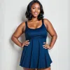 Calypsa Women's Plus Amber Flared Tankini Swim Top With Adjustable Straps And Removable Cups In Blue