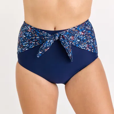 Calypsa Women's Plus Full Coverage High Waisted Bikini Bottom With Front Tie In Blue