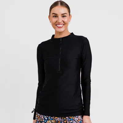 Calypsa Women's Plus Half-zip Long Sleeve Rash Guard Nora Swim Top In Black