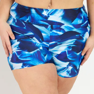 Calypsa Women's Plus High Waisted Mid-thigh Swim Shorts - Patterns In Blue