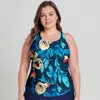 Calypsa Women's Plus Maya Tankini Swim Top With Removable Cups - Patterns In Blue