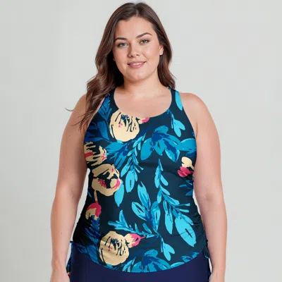Calypsa Women's Plus Maya Tankini Swim Top With Removable Cups - Patterns In Blue