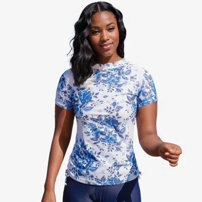 Calypsa Women's Plus Mock Neck Short Sleeve Adele Swim Top In Blue
