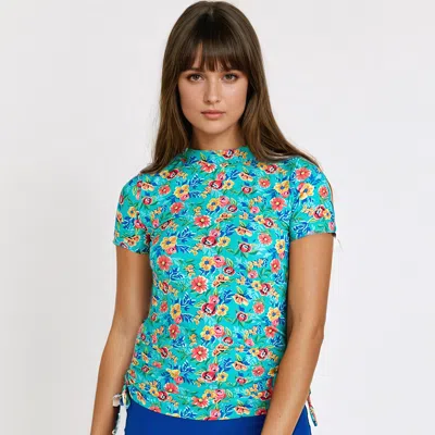 Calypsa Women's Plus Mock Neck Short Sleeve Adele Swim Top In Multi