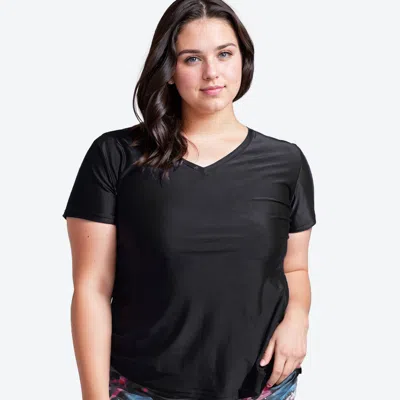 Calypsa Women's Plus V-neck Short Sleeve Rashguard Adele Swim Top In Black