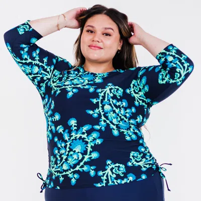 Calypsa Women's Plus Women's 3/4 Sleeve Rash Guard Margaux Swim Top In Blue