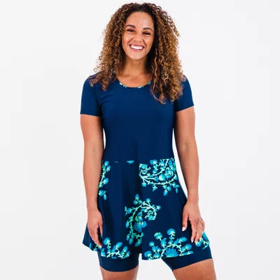 Calypsa Women's Short Sleeve Vintage Swim Dress In Blue