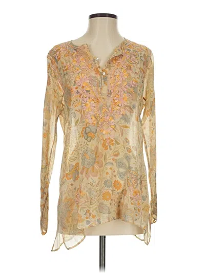 Pre-owned Calypso By Christiane Celle Long Sleeve Silk Top Tan Plunge Neckline Tops In Brown