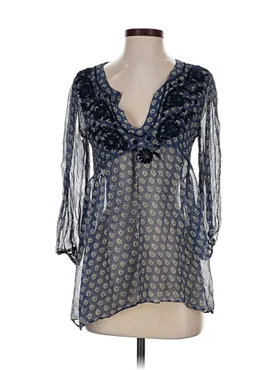 Pre-owned Calypso St Barth 3/4 Sleeve Silk Top Blue Plunge Neckline Tops