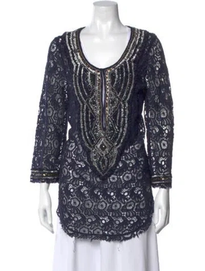 Pre-owned Calypso St Barth Lace Pattern V-neck Blouse In Blue