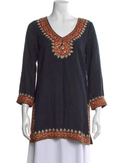 Pre-owned Calypso St Barth Linen Patterned Tunic W/ Tags In Blue
