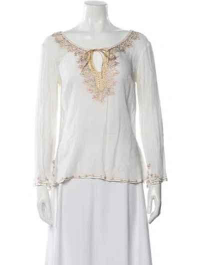 Pre-owned Calypso St Barth Patterned Tie Neck Tunic In White