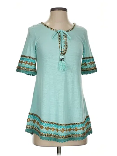 Calypso St Barth Short Sleeve Top Teal Keyhole Neckline Tops
