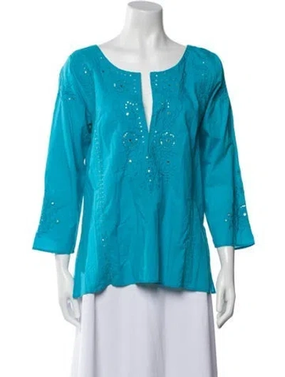 Pre-owned Calypso St Barth V-neck Three-quarter Sleeve Blouse In Blue