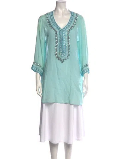 Pre-owned Calypso St Barth V-neck Three-quarter Sleeve Tunic In Blue/green