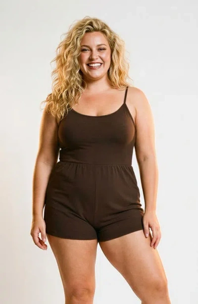 Calysa Plus Size Ivy Short Swim Romper With Built-in Bra And Hidden Shorts In Brown