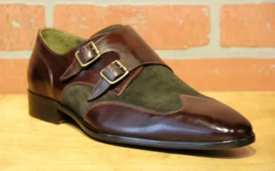 Pre-owned Calzoleria Toscana Men's Monk Strap D. Brown/olive Leather/suede Dress Shoe 1689 In Green