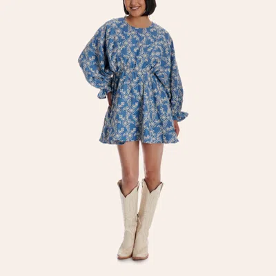 Camellia Clothing Camellia Women's Blue Floral Embroidered Cinch Waist Balloon Sleeve Mini Dress